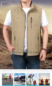 Détail du gilet de pêche kaki à séchage rapide montrant poches zippées et logo brodé