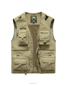 Close-up of khaki multi-pocket mesh vest with durable fabric and zipper details