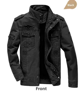 Front view of black tactical cotton jacket with standing collar and military patches
