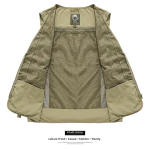 Detail view of khaki fishing vest featuring breathable mesh lining and XL size label