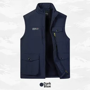 Detailed view of the dark blue fleece lining and internal texture of the warm outdoor vest