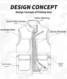 Design concept of fishing vest with multi-pocket layout and breathable mesh lining