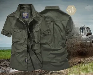 Front and back view of olive green cotton utility cargo shirt with OFF-ROAD print details