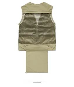 Rear view of khaki quick-dry mesh fishing vest with breathable back and zipper panel