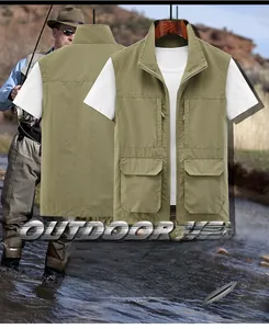 Detail of multi-pocket fishing vest showing cargo pockets and zipper closure