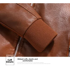 Detailed view of elastic ribbed cuffs and premium leather texture on brown motorcycle jacket