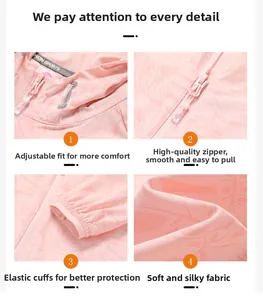 Giacca protettiva solare rosa con cappuccio regolabile, cerniera liscia e polsini elastici