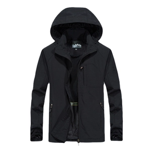 Men's waterproof windbreaker jacket with breathable mesh lining and hooded design