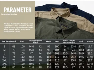 Detailed size chart for men's cotton short sleeve cargo shirt with measurements table