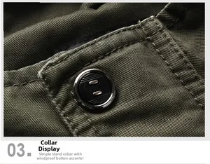 Detailed macro view of army green military jacket collar with windproof black button