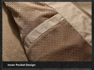 Detail view of khaki mesh lining and functional inner zipper pocket on outdoor jacket