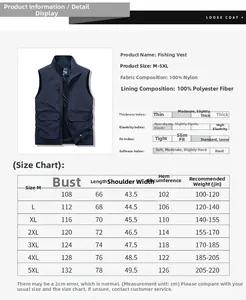 Detailed size chart for multi-pocket fishing vest including chest and length measurements