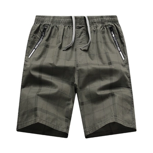 Men's cotton casual summer shorts with plaid pattern, elastic drawstring waist and zip pockets