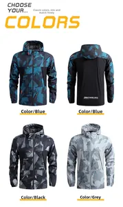 Men's outdoor hooded jacket with geometric camo pattern in blue, black and grey colors