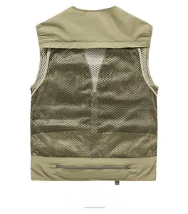 Detail of khaki mesh vest back view showing breathable holes and large zipper pocket