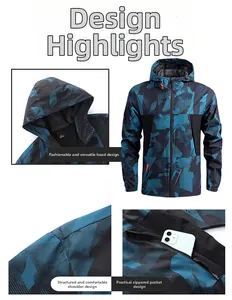 Detail view of men's windbreaker featuring hooded design and secure zipper pockets