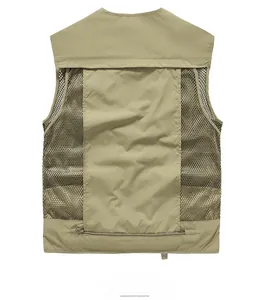 Detail view of khaki quick-dry mesh vest back with tactical zipper pocket and breathable fabric