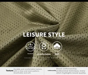 Macro detail of olive green breathable mesh fabric on a men outdoor fishing vest