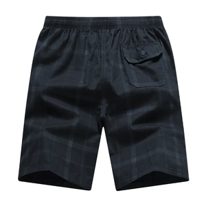 Men's casual dark grey plaid shorts with elastic waist and back flap pocket