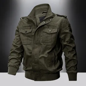 Men 100% Cotton Military Jacket Loose Fit Multi Pockets Stand Collar Work Coat Rugged Casual Outerwear For Autumn Winter