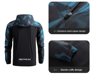Detail of windproof hiking jacket showing hood zipper and elastic cuffs with camo pattern