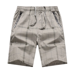 Men's summer cotton khaki plaid shorts with elastic drawstring waist and zipper pockets