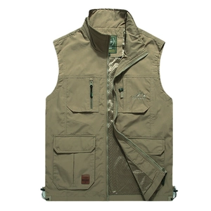 Men's khaki quick-dry multi-pocket outdoor vest with mesh lining and adjustable hem