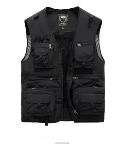 Detail showing breathable mesh lining and multiple utility pockets on black fishing vest