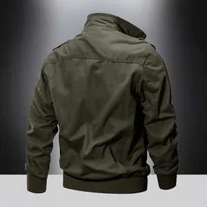 Army green military style cotton cargo jacket with stand collar and epaulettes back view