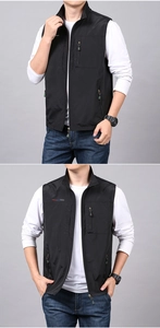 Detailed view of black quick-dry outdoor vest with stand collar and zipper pockets