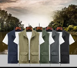 Macro view of multi-pocket fishing vest colors including navy, khaki, and army green