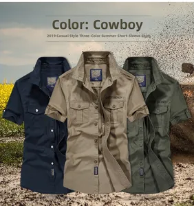 Three-color cargo short sleeve shirts in navy, khaki, and green with front chest pockets