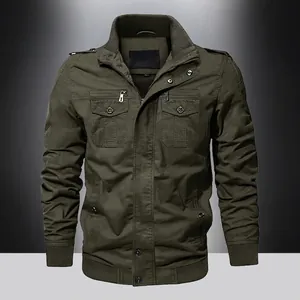 Men's olive green military tactical jacket with multi-pockets and ribbed cuffs