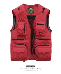 Detail view of the breathable mesh lining and multiple pockets on the maroon outdoor vest