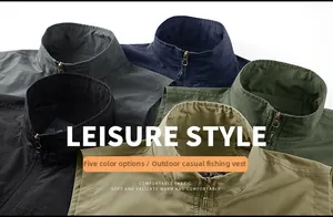 Detailed grid showing multi-pocket fishing vests in gray, navy, green, black and khaki
