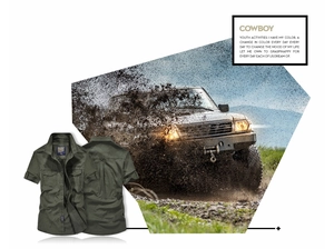 Detail of military green cargo shirt featuring dual chest pockets and rugged outdoor style