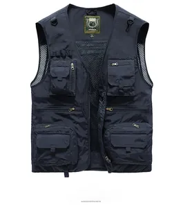 Detail view of deep blue multi-pocket functional vest with mesh lining and zipper utility