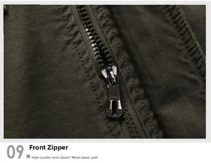 Close-up of olive green cargo jacket showing premium resin zipper with metal puller