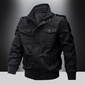 Men's black tactical military cargo jacket with stand collar and multi-pocket design
