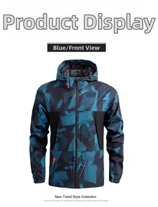 Front view of men's hooded windbreaker in navy blue camouflage with orange zipper details