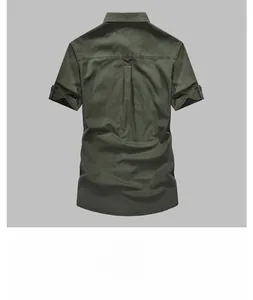 Back view of army green cotton cargo shirt with box pleat detail and double stitching