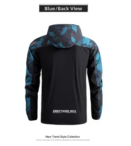 Rear view of hooded windbreaker featuring blue geometric camo and Driftking logo