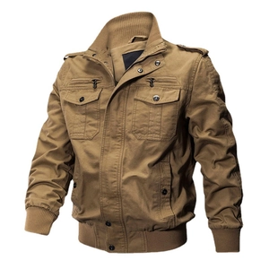 Men's khaki military jacket with multi-pocket design and standing collar in solid cotton