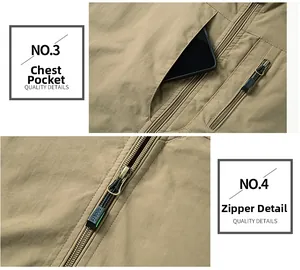 Detail of khaki outdoor vest showing a diagonal chest pocket and sports metal zipper