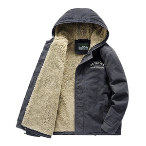 Veste d'hiver à capuche bleue pour homme avec doublure en laine d'agneau et broderie