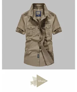 Detail of khaki cotton utility shirt with OFF-ROAD embroidery and double chest pockets