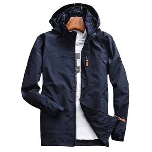 Men's outdoor hooded jacket in navy blue with front zipper and outdoor embroidery