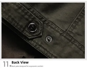 Detail of army green military jacket featuring heavy canvas texture and double-stitched yoke