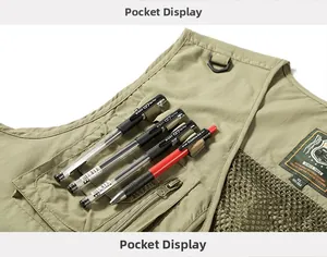 Detail of khaki outdoor mesh vest featuring chest pencil slots and D-ring hooks