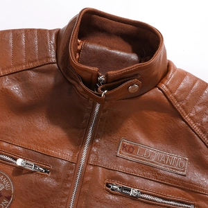 Men's brown PU leather jacket featuring a ribbed stand collar and quilted shoulders